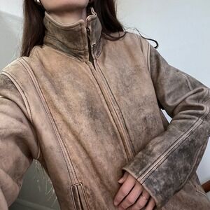 Vintage Worn Leather Bomber Jacket Brown Faded Distressed Funnel Neck Coat